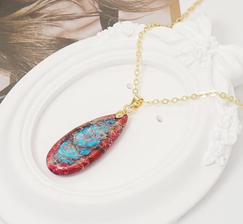 Stone Necklaces for Women Teardrop Gemstone Pendant Necklace Natural Stone Chain Necklaces - color: Red Blue