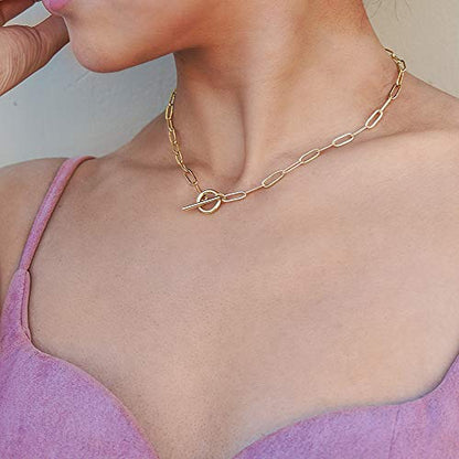 Lauren Paperclip Bolo Necklace Layered Stacked Paper-clip Link for Women Adjustable Lobster Clasp Gold Plated Stainless Steel Link Charm Chain(16"/20"/24")