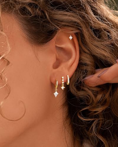 Gold Silver Earrings for Women Trendy 14K Gold Plated Dangle Hypoallergenic Cartilage Earrings Small 925 Sterling Silver Post Dainty Hoop Drop Pearl Earring Stacks Set Huggie Chain Earrings Jewelry - color: C-Huggie Earrings-Gold