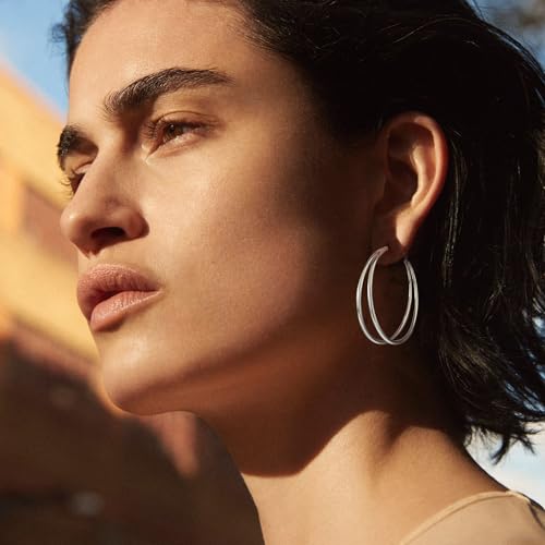 Large Thin Double Hoop Earrings for Women Lightweight Hypoallergenic 925 Sterling Silver Post 14K Gold Hoops Non Tarnish Sturdy Big Thin Double Layered Hoop Earrings 30/40/50/60mm - color: Silver, size: 40mm
