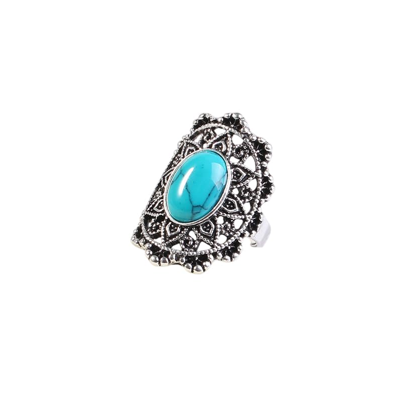 Vintage Red Green Turquoise Filigree Ring Antique Silver Plated Oval Gemstone Statement Open Ring Bohemian Retro Finger Ring for Women, Daily & Party Wear