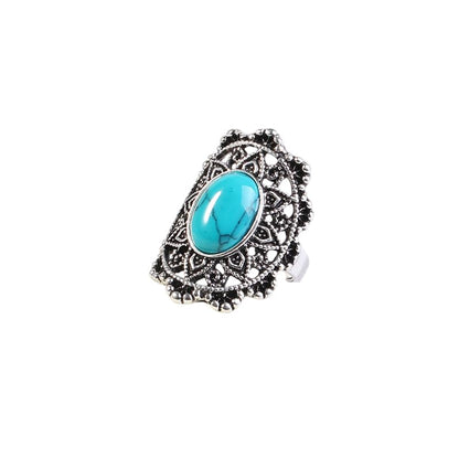 Vintage Red Green Turquoise Filigree Ring Antique Silver Plated Oval Gemstone Statement Open Ring Bohemian Retro Finger Ring for Women, Daily & Party Wear