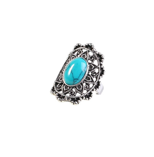 Vintage Red Green Turquoise Filigree Ring Antique Silver Plated Oval Gemstone Statement Open Ring Bohemian Retro Finger Ring for Women, Daily & Party Wear