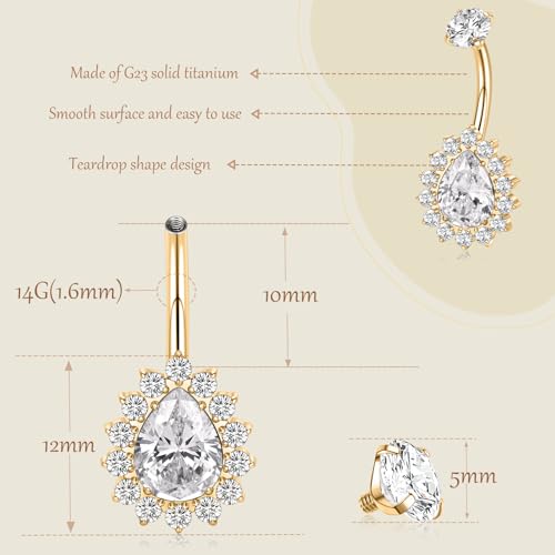 AROWRO Gold Belly Button Ring G23 Titanium Hypoallergenic 14G belly ring for Women Men Teardrop Navel Piercing Jewelry 10mm Barbell With Cubic Zircon - color: Gold+Clear CZ