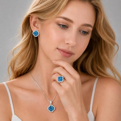 Green/Blue Zircon 4-Leaf Clover Jewelry Set – Necklace, Ring, Earrings – Women's Wedding & Evening Gift for Wife, Girlfriend, Mother – Comes with Gift Box - color: Blue 3-Piece Set