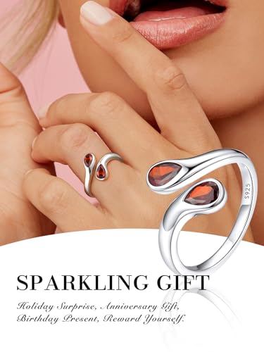 Bestyle Silver Birthstone Ring for Women, Dainty Sterling Silver Teardrop Ring Open Adjustable Band Ring, Love Statement TOI et Moi Ring Promise Ring for Her - color: 07.July( Ruby)