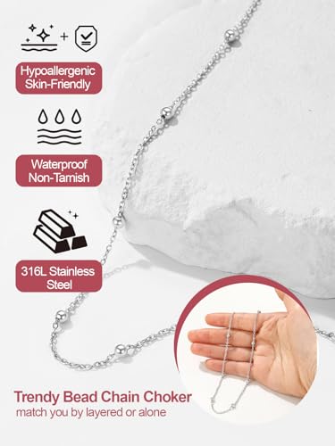 FOCALOOK Choker Necklace for Women, Double Layered Boho Beaded Choker Chain | Dainty 14K Gold Plated/Silver/Black Metal, Simple Small Satellite Beaded Chain Necklace, Hypoallergenic for Everyday Wear - color: 02.Satellite Beads-Silver