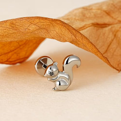 FINE4U Cartilage Christmas Piercing Jewelry 16G 6mm 8mm - ASTM F136 Titanium, Flat Back Labret Stud for Helix Flat Lobe, Elk Minimalist Earring, Squirrel Earrings - color: Squirrel - Tit
