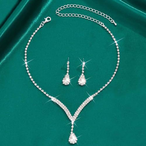 Bridal Wedding Jewelry Set Silver Rhinestone Necklace Earrings Sets Formal Costume Jewelry for Women and Brides - color: A-Silver