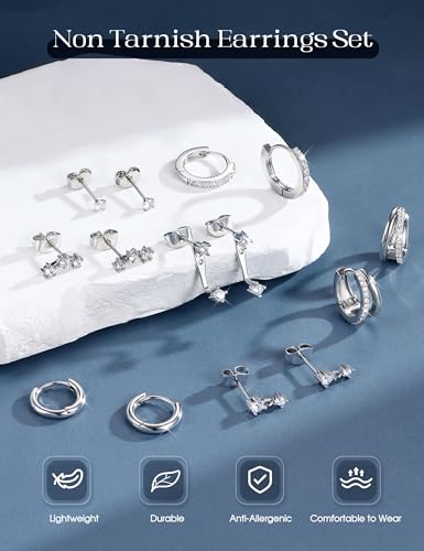 ADRAMATA Hypoallergenic Gold Earrings Stack for Women - 7Pairs Surgical Steel Small Chunky Huggie Hoops & Flat Back Stud Earrings Set Silver Cartilage Jewelry Trendy Christmas Gifts - style: Stylish - Silver