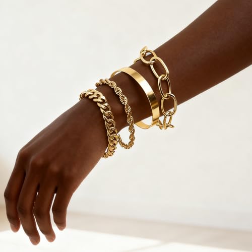 Gold Bracelets for Women, 5 Pcs Non-Tarnish Gold Plated Stackable Bangles with Beaded, Knot, Twisted, Cuff & Chain Designs, Everyday Jewelry Gifts - color: Gold-4pcs