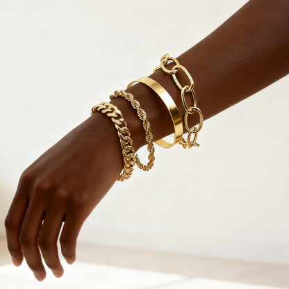 Gold Bracelets for Women, 5 Pcs Non-Tarnish Gold Plated Stackable Bangles with Beaded, Knot, Twisted, Cuff & Chain Designs, Everyday Jewelry Gifts - color: Gold-4pcs