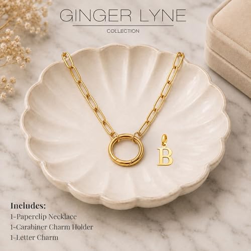 Paperclip Chain Carabiner Initial Charm Holder Necklace by Ginger Lyne | 18K Gold-Plated or Silver Tone Paperclip Chain with Carabiner Charm Holder, Adjustable 18-20 Inch, A-Z Initial Pendant - color: Gold-B