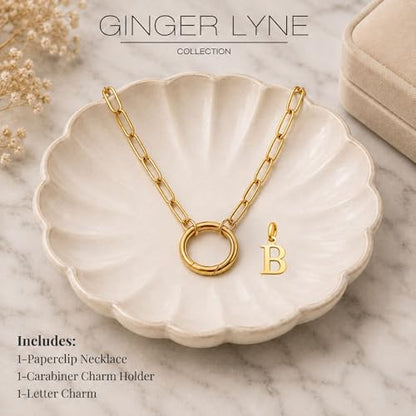 Paperclip Chain Carabiner Initial Charm Holder Necklace by Ginger Lyne | 18K Gold-Plated or Silver Tone Paperclip Chain with Carabiner Charm Holder, Adjustable 18-20 Inch, A-Z Initial Pendant - color: Gold-B