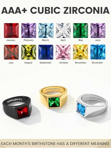 KeyStyle Square Gemstone Signet Rings for Men, Personalized Stainless Steel Pinky Ring with Black Onxy Blue Topaz Birthstone Statement Ring - color: Gold - Custom Stone - 8mm