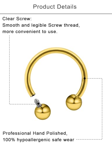 Lcolyoli 16g Septum Rings Internally Threaded Surgical Steel Septum Jewelry Lip Rings Hoop Labret Jewelry Horseshoe Earrings Daith Piercing Jewelry for Women Men - color: 16g,Inner diameter:10mm,goldtone