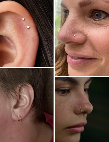 8PCS Titanium Nose Rings Stud, Gold Nose Ring for Women Men Hypoallergenic Nostril Hoops L Shape Nose Studs Corkscrew CZ Nose Piercing Jewelry Silver 18G & 20G Nose Ring Studs 2/2.5/3mm - style: Gold-8pcs nose stud
