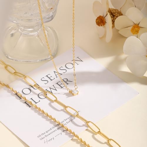 Layered Gold Necklace Set for Women Dainty Waterproof Cute Choker | 14K Gold Plated Minimalist Non Tarnish Lightweight CZ Pendant Pearl Twist Paperclip Chain Jewelry Gifts - style: 3PCS-Paperclip chain zircon-GD