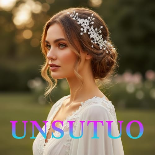 Unsutuo Bridal Crystal Headband Silver Rhinestone Hair Vine Pearls Wedding Hair Accessories for Women and Girls(Silver) - color: Silver