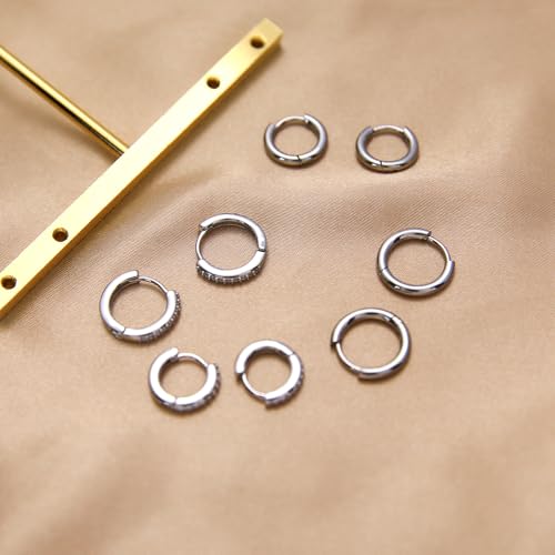 Stainless Steel Stud Earrings Set for Women Hypoallergenic Flat Back Cartilage Earrings Screw Back Huggie Hoop Earrings Multiple Piercing Cubic Zirconia Helix Tragus Jewelry - color: Set-B-Silver
