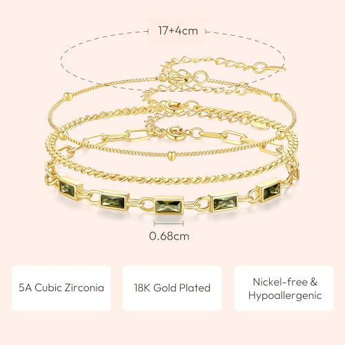 Gold Birthstone Bracelet for Women, 18K Gold Plated Layered Jewelry Bracelet Set, Womens Dainty Stackable Bracelets Link Paperclip Chain Valentines Day Gift for Wife Her - color: Gold-08-Aug.