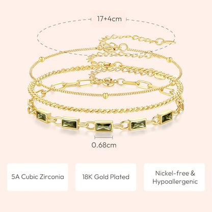 Gold Birthstone Bracelet for Women, 18K Gold Plated Layered Jewelry Bracelet Set, Womens Dainty Stackable Bracelets Link Paperclip Chain Valentines Day Gift for Wife Her - color: Gold-08-Aug.