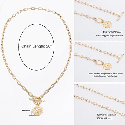 DoreenBeads 18K Gold Sun Moon Star Compass Pendant Necklace | Chunky Toggle Paperclip Chain Necklace with Heart Daisy Bee Charms for Women Girls 20 Inches - color: Sea Turtle