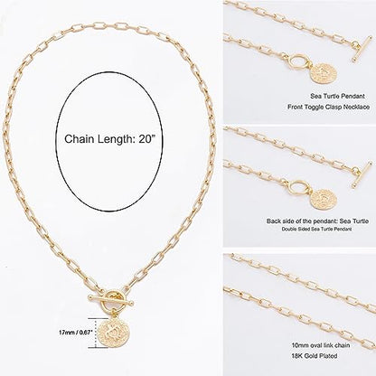 DoreenBeads 18K Gold Sun Moon Star Compass Pendant Necklace | Chunky Toggle Paperclip Chain Necklace with Heart Daisy Bee Charms for Women Girls 20 Inches - color: Sea Turtle