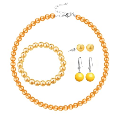 COLORFUL BLING Faux Pearl Jewelry Set, 4Pcs Pearl Necklace Bracelet Earrings Set for Women, Elegant Round Beaded Costume Jewelry for Wedding Party Daily Wear - color: Yellow
