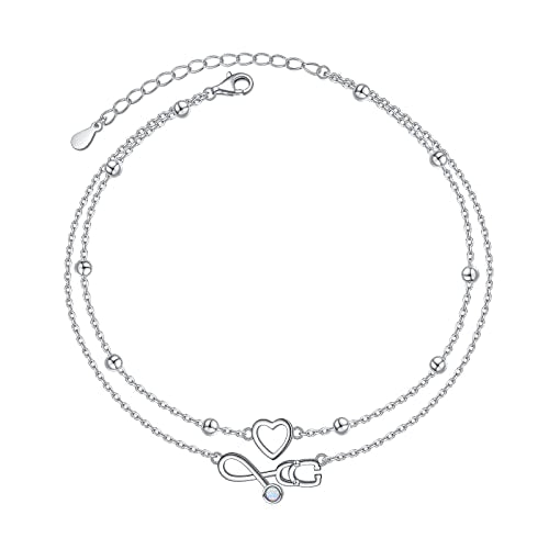 Flyow Anklet for Women S925 Sterling Silver Adjustable Foot Beaded Heart Charm Ankle Bracelet Anklets Jewelry - style: Stethoscope