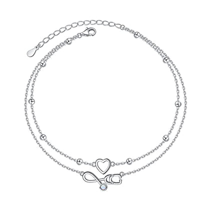 Flyow Anklet for Women S925 Sterling Silver Adjustable Foot Beaded Heart Charm Ankle Bracelet Anklets Jewelry - style: Stethoscope