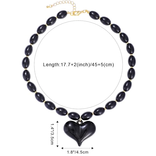 Chunky Beaded Necklaces for Women Trendy Colorful Acrylic Bead Statement Necklace Puffy Heart Pendent Necklaces for Women Boho Fashion Jewelry - color: B-black