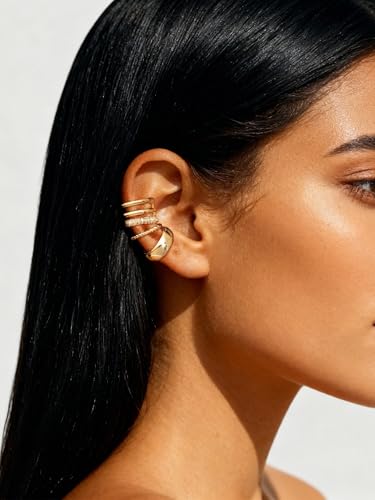 Ear Cuffs Non Piercing Hypoallergenic Gold Plated Ear Cuff Earrings for Women Trendy Clip On Cartilage Earring Set Dainty Adjustable Fake Piercings Earrings Fashion Accessories - color: F:3pcs gold ear cuff