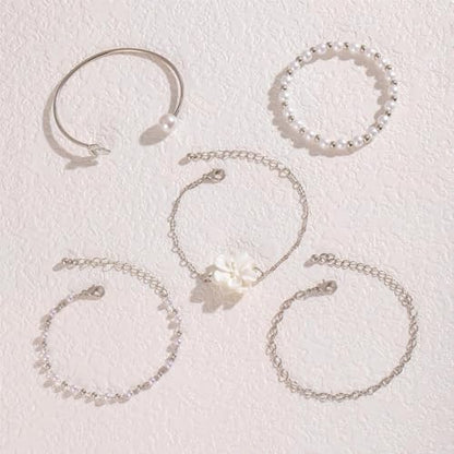 5Pcs Boho White Flower Beaded Pearl Bracelets for Women Trendy, Cute Gold Silver Stackable Floral Petal Pearls Beads Chain Bracelet Holiday Jewelry Gifts - color: Silver