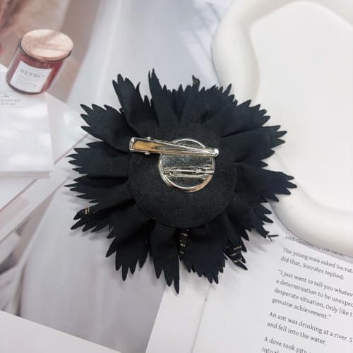 12cm Holiday Handmade Fabric Flower Brooch Pin for Women Girls Fashion Gold Thread Stripes Peony Brooches Lapel Hair Pins Dainty Anniversary Wedding Festival Dress Accessories Gift - color: Black