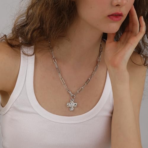 Bheop Chunky Cross Necklace for Women, 14K Gold Silver Statement Necklace | Sturdy Paperclip Chain, Hammered Pendant, Vintage Charm, Trendy Costume Jewelry, Faith Christian Religious Gift, Non Tarnish - style: SL-Cross Necklace(1 inch Pendant)
