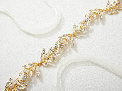 SWEETV Leaf Wedding Headpieces for Bride Flower Girl Gold Bridal Headband with Rhinestones Women Handmade Hair Accessories - color: Gold