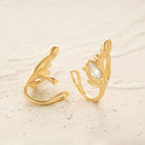 Women Ear Cuff Earring Gold Non Pierced Ear Cartilage Clip on Wrap Hoop 14K Gold Filled Tiny Boho Beach Simple Minimalist Delicate Handmade Hypoallergenic Jewelry Gift-Sold as Single/Pair - style: Tulip Flower / Pair