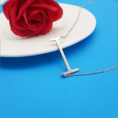 MOMOL Sideways Initial Necklace 18K Gold Plated Stainless Steel Large Big Letters Pendant Necklace Script Name Monogram Necklaces for Women - color: I