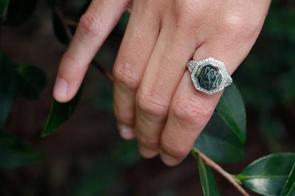 Monogram Sterling Silver Octagon Filagree Ring with CZ Accents