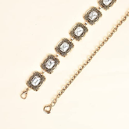 ILuvatar Green Glass Diamond Chain Belt - Metal Women's Western Style Dress Belt - color: Golden-u3