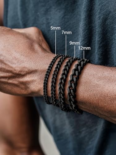 FaithHeart Cuban Link Bracelet for Men, Silver/Black/14K Gold Plated Stainless Steel Wrist Link Hip Hop Chain Bracelets, 5mm/7mm/9mm/12mm Width, 7.5"/8.3"/9" Length, with Gift Box - color: Black-07mm Width, size: Length 9.0 Inches