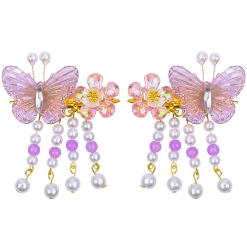 A Pair Wedding Hair Clips, Handmade Floral Design Crystal Hair Clips Pearl Barrettes, Rhinestones Flower Clips Pearl Headpieces Hair Pins Hair Accessories for Women Girls (Purple&Pink) - color: Purple&Pink