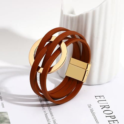 hotoo Circle Charm Bracelets for Women Handmade Leather Wrap Bracelets for Couples Friendship Bracelet Bohemian Cuff Bangle Boho Jewelry Gift - color: New Brown