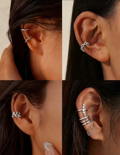 16 Pcs Ear Cuff Earrings for Women Non Piercing Gold Silver Plated Ear Cuffs Non Pierced Snake Leaf CZ Star Feather Waterdrop Chain Ears Cuff Wrap Earring Clip on Cartilage Helix Fake Earrings Lightweight Adjustable - color: Silver