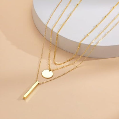 14K Gold Silver Plated Layered Necklaces for Women Trendy | Necklaces for Women Trendy, Stackable Dainty Chain Necklace, Beach Cute Fashion Pendant Choker Necklace, Jewelry Set Gifts - color: 3PCS / Satellite & Coin & Bar