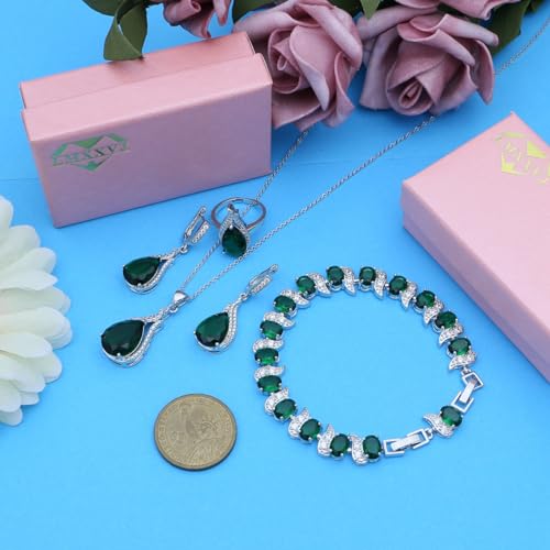 LMXXVJ Jewelry Set for Women,Teardrop Cubic Zirconia Necklace Earrings Adjustable Ring Bracelet Jewelry Set Formal Jewelry Gift - color: ZYSD-White Gold-Green