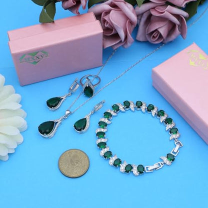 LMXXVJ Jewelry Set for Women,Teardrop Cubic Zirconia Necklace Earrings Adjustable Ring Bracelet Jewelry Set Formal Jewelry Gift - color: ZYSD-White Gold-Green