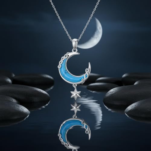 925 Sterling Silver Turquoise Moon Pendant Necklace for Women, Snake/Flower/Bow/Tree of Life/Star Moon Necklace, Dainty Jewelry for Daily Wear & Gifts - style: Style 7