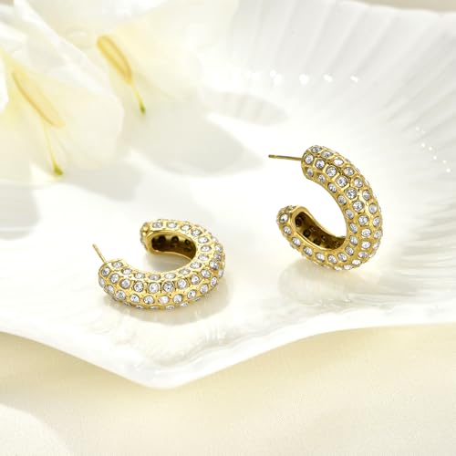 FRUMOS 18K Gold Plated Chunky Hoop Earrings for Women Fashion Thick Gold Hoops Set Jewelry for Birthday Christmas Gifts - color: Gold Full CZ Paved Hoop